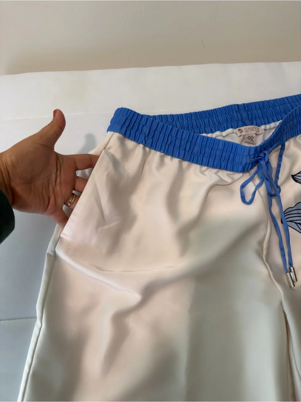 Eliane Rose White Blue Floral Wide-Leg Culotte Pants Satin Drawstring Elastic XL
